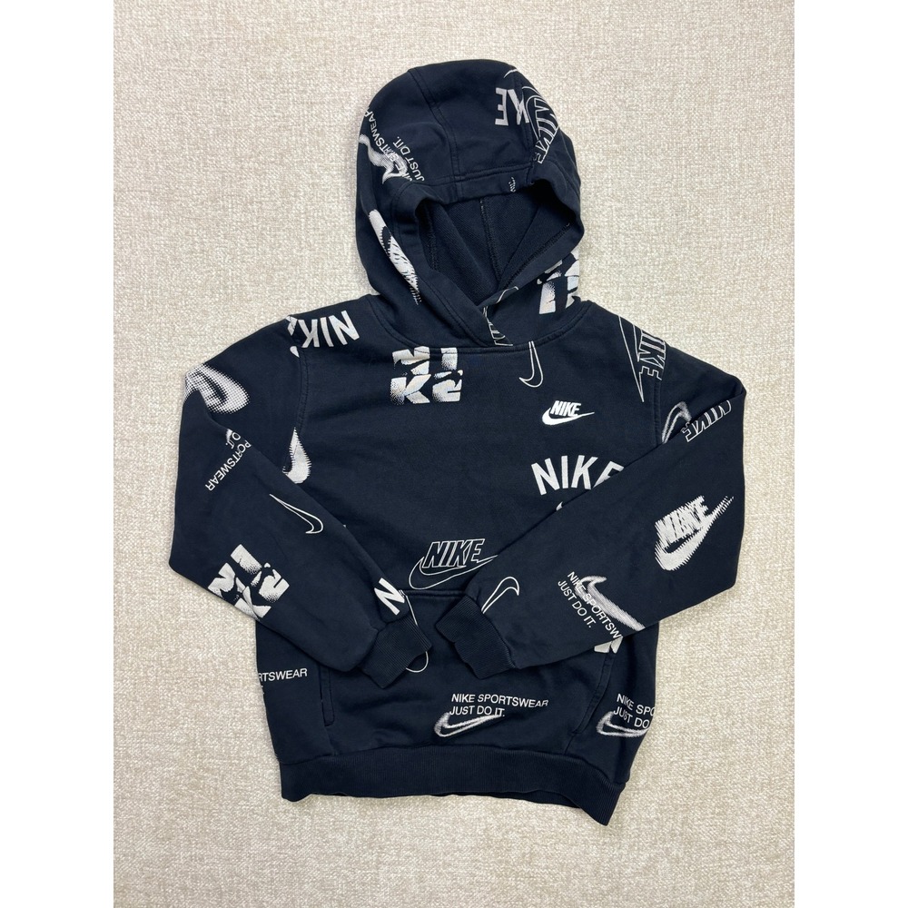 Nike Sportswear Boys All Over Print Logo Hoodie Black White Kids Large L 2154